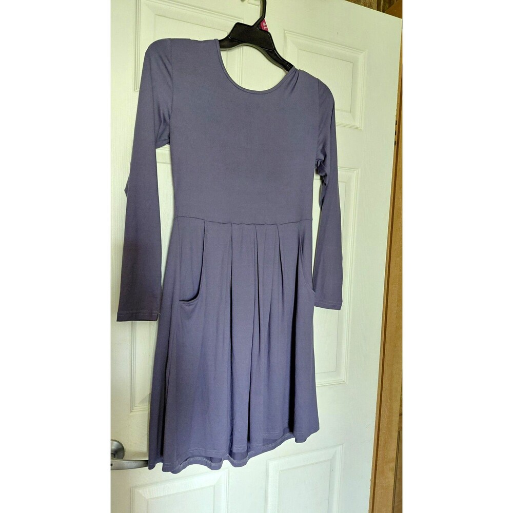 Donbee Women's Purple A-Line Pleated Pocket Scoop Neck Long Sleeve Dress M